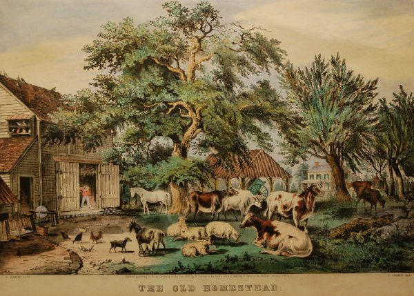 The Old Homestead, 1855 (Conningham # 3724/Gale #49: 34. N. Currier, publisher/ F.F. Palmer, artist The Old Homestead, 1855 (Conningham # 3724/Gale #4948) Hand colored engraving 9 7/8 x 14 7/8 in. framed Kennedy Galleries label, verso