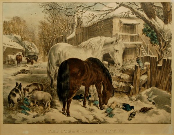The Straw Yard-Winter (Conningham # 4827/Gale # 630: 38. Currier & Ives, publisher, late 19th Century The Straw Yard-Winter (Conningham # 4827/Gale # 6305) Hand colored engraving 15 ¼ x 11 in. framed Kennedy Galleries label, verso