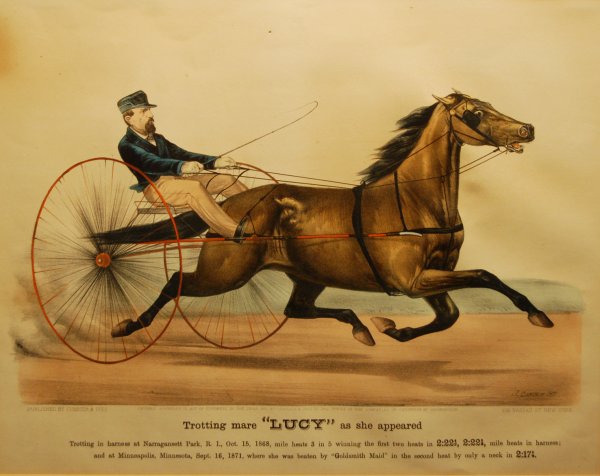 Trotting Mare Lucy as she appeared, 1872 (Gale #667: 40. Currier & Ives, publisher/J. Cameron artist Trotting Mare Lucy as she appeared, 1872 (Gale #6673) Hand colored engraving 8 7/8 x 12 7/8 in. framed Kennedy Galleries label, verso
