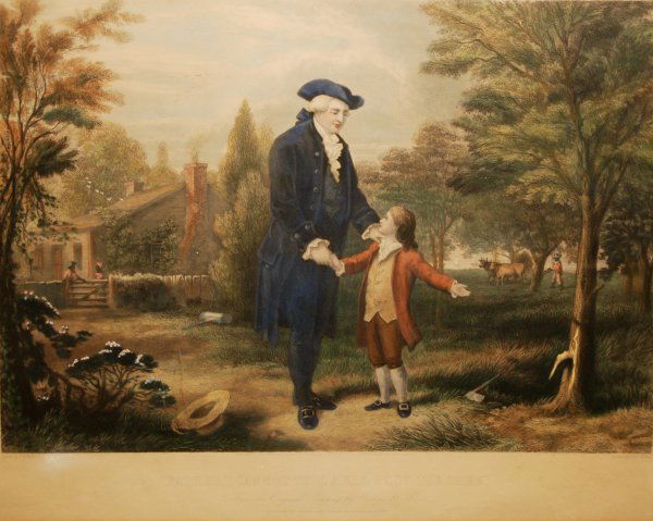 Father I Cannot A Lie: George Washington as a boy,: 46. John Mc Rae, publisher/ G.G. White, artist Father I Cannot A Lie: George Washington as a boy, 1867 Hand colored engraving in colors 14 ½ x 21 in. framed Kennedy Galleries label, verso