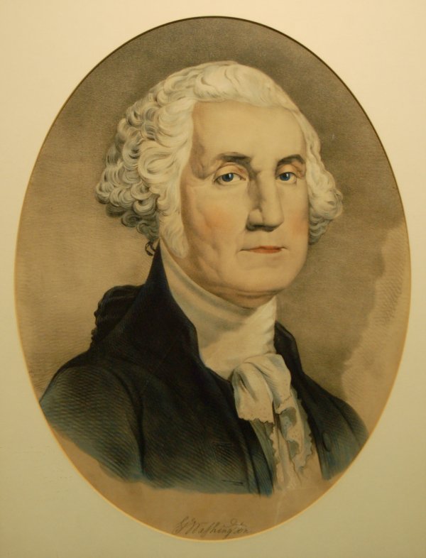Bust of George Washington, after Gilbert Stuart: 48. Anonymous, late 19th Century Bust of George Washington, after Gilbert Stuart Hand colored lithograph 16 x 12 in. framed Kennedy Galleries label, verso