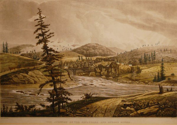 The Junction of the Sacandaga and Hudson Rivers, Pl: 63. I. Hill, printer/Henry Megarey/H.G. Wall, artist, mid 19th Century The Junction of the Sacandaga and Hudson Rivers, Plate 2 of the Hudson River Port Folio Aquatint in colors 14 ¼ x 21 in. framed