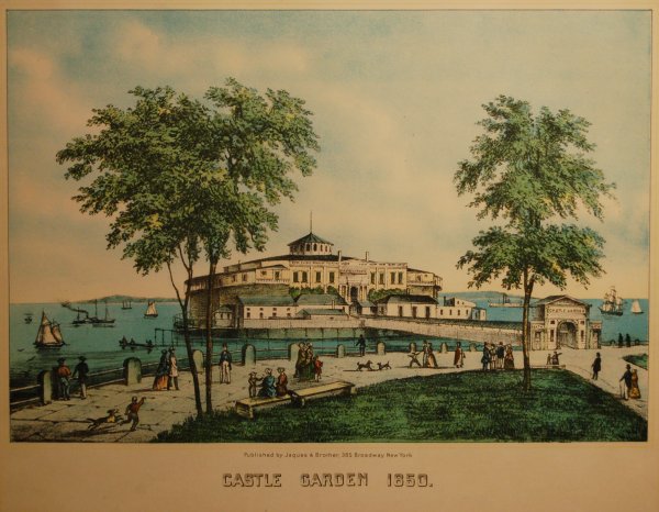 Castle Garden, 1850 (Port of Immigration prior to E: 67. Jacques & Brother, New York, publisher Castle Garden, 1850 (Port of Immigration prior to Ellis Island) Lithograph in colors 13 ½ x 19 7/8 in. framed Kennedy Galleries label, verso