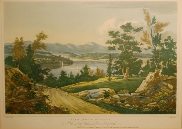 View Near Hudson: No. 12 of the Hudson River Port F: 72. Henry Megarey, publisher/ W.G. Wall, artist. Late 19th Century View Near Hudson: No. 12 of the Hudson River Port Folio Aquatint in colors 13 7/8 x 21 in. framed