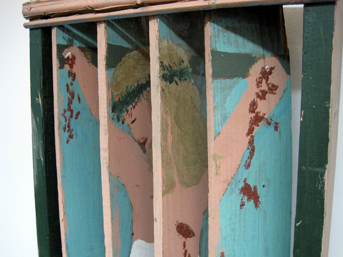 Sam Doyle (1906-1985) "Christ": House paint on wood box construction. 39"H X 21"W X 5"D Provenance: Ricco Maresca Gallery, NY. Anonymously donated to Housing Works, Inc.