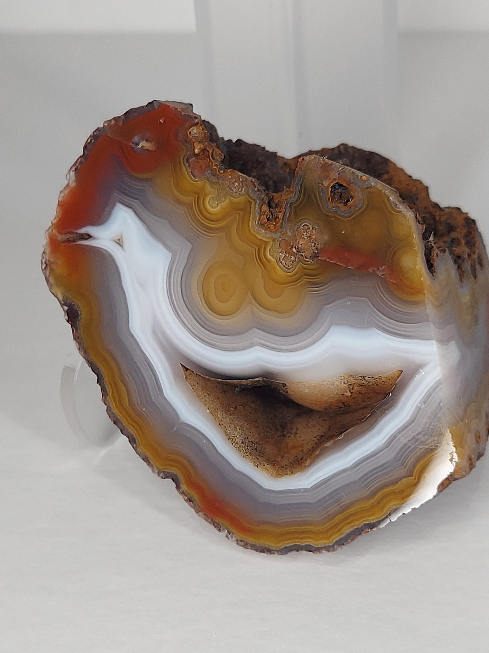 Coyamito: Coyamito Agate Face-Polished Chunk This natural Coyamito agate features a beautifully face-polished surface showcasing striking concentric banding in shades of white, gray, golden yellow, amber,