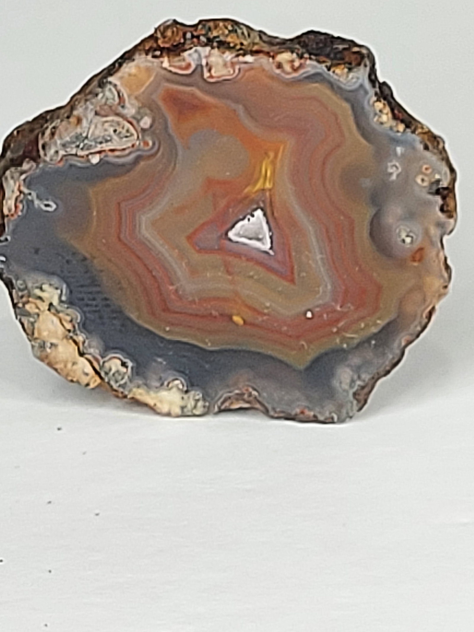 Laguna Agate: Laguna Agate Face-Polished Chunk This natural Laguna agate features a beautifully face-polished surface showcasing striking fortification banding in rich shades of reddish-brown, amber, caramel,