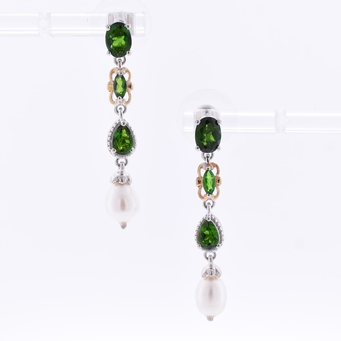 Chrome Diopside & Pearl Dangle Earrings: Sterling Silver | Approximate Dimensions: 1/4" W x 1 5/8" T | Approximate Weight: 5.4g | Stones have been verified to be natural.
