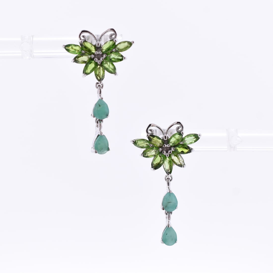 Chrome Diopside & Emerald Dangle Earrings: Sterling Silver | Approximate Dimensions: 1/2" W x 1" T | Approximate Weight: 2.2g | Stones have been verified to be natural.