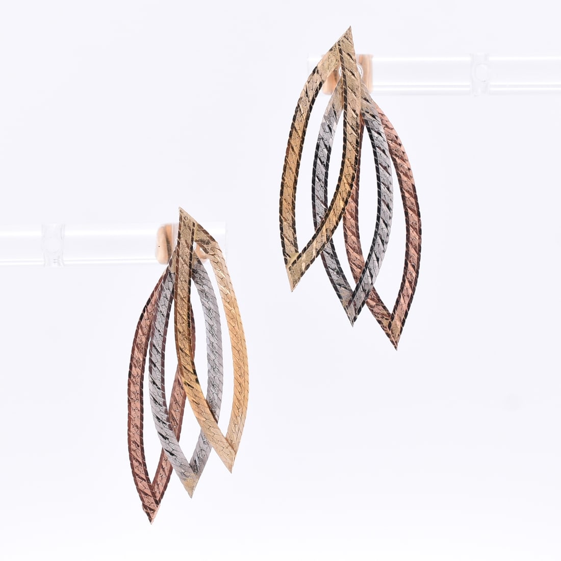 Tri-Tone Gold Dangle Feather Earrings: 14k Yellow, White & Rose Gold | Approximate Dimensions: 1/2" W x 1 3/8" T | Approximate Weight: 2.5g