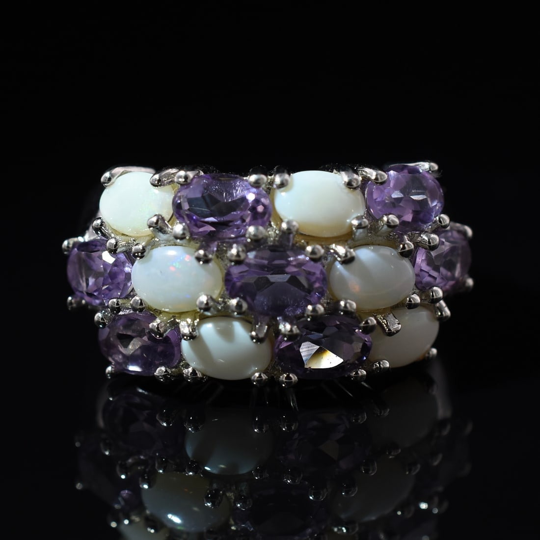 Oval Amethyst & Opal Cluster Ring: Sterling Silver | Approximate Size: 9 1/4 | Approximate Weight: 8.6g | Stones have been verified as natural.