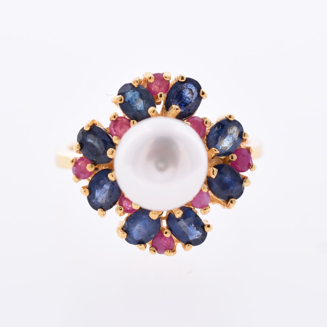 Pearl, Blue Sapphire & Ruby Ring: Sterling Silver | Approximate Size: 8 | Approximate Weight: 4.2g | Stones appear to be natural.