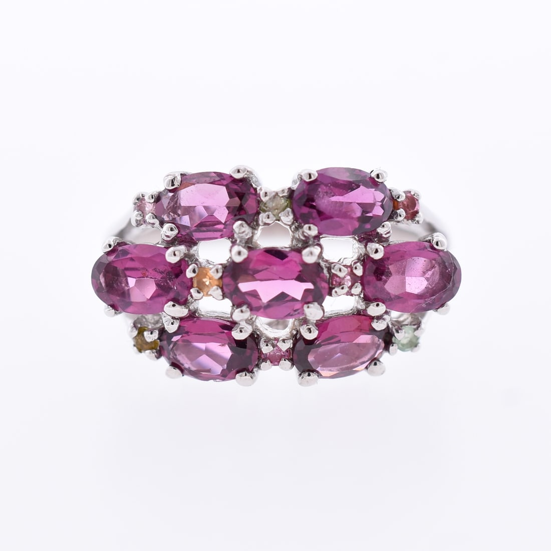 Rhodolite Garnet & Sapphire Cluster Ring: Sterling Silver | Approximate Size: 9 | Approximate Weight: 5.3g | Stones have been verified as natural.
