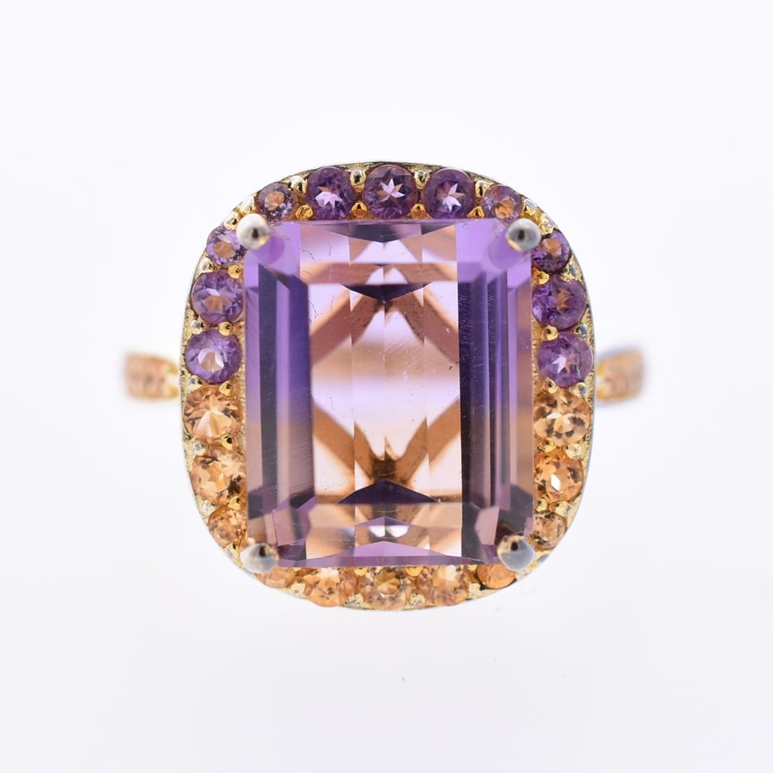 7ctw Ametrine, Amethyst & Citrine Halo Ring: Sterling Silver | Approximate Size: 7 | Approximate Weight: 5.3g | Stones appear to be natural, and are estimed to weigh approximately 7.0ct.