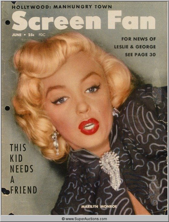 Marilyn Monroe Cover Girl Color Transparency Slide: Color Transparency Slide of Marilyn Monroe who was featured as the Cover Girl on the cover of Screen Fan Magazine. It is a transparency from a picture taken of the actual publication.