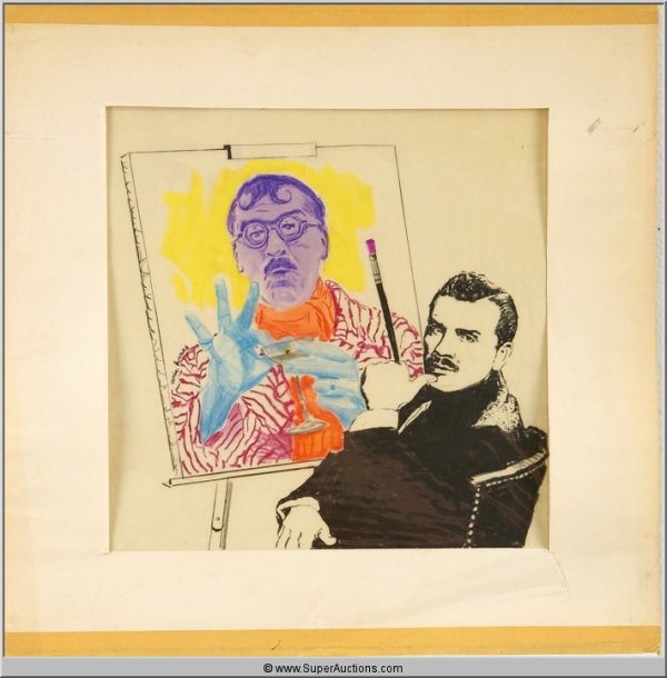 Illustrated Drawing {Ernie Kovacs Collection}: Illustrated Color Drawing of Ernie Kovacs / Ernie Kovacs sitting in a chair holding a paint brush with Ernie Kovacs painted in character on an easel / L 18" x H 18" in Mount