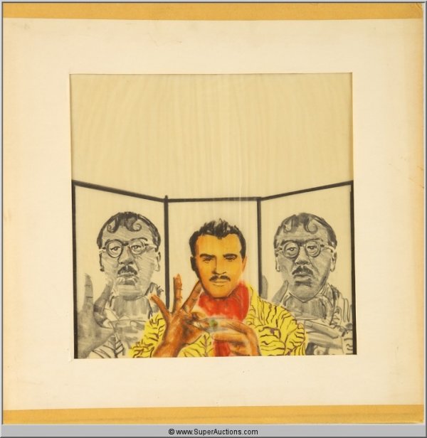 Illustrated Drawing {Ernie Kovacs Collection}: Illustrated Color Drawing of Ernie Kovacs / Ernie Kovacs in yellow with red scarf holding a martini glass with Ernie Kovacs in character on either side / L 18" x H 18"