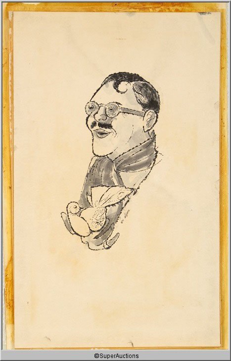 Ernie Kovacs Illustrated Drawing: Illustrated Drawing of Ernie Kovacs / Ernie Kovacs In Character Holding a Bird in His Hand / EV Aison / L 13" x H 20" on Mount