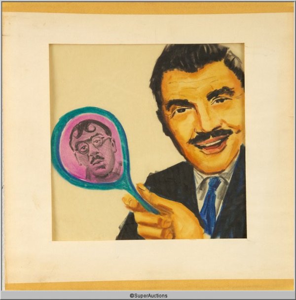 Ernie Kovacs Illustrated Drawing: Illustrated Drawing of Ernie Kovacs / Ernie Kovacs Wearing a Suit with a Hand Mirror Reflection of Ernie Kovacs In Character / L 18" x H 18" on Mount