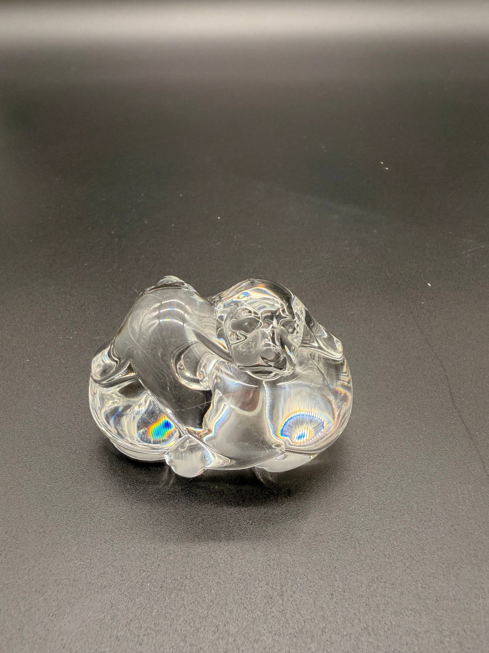 Steuben glass puppies paper weight: Steuben clear glass paper weight of two puppies cuddling