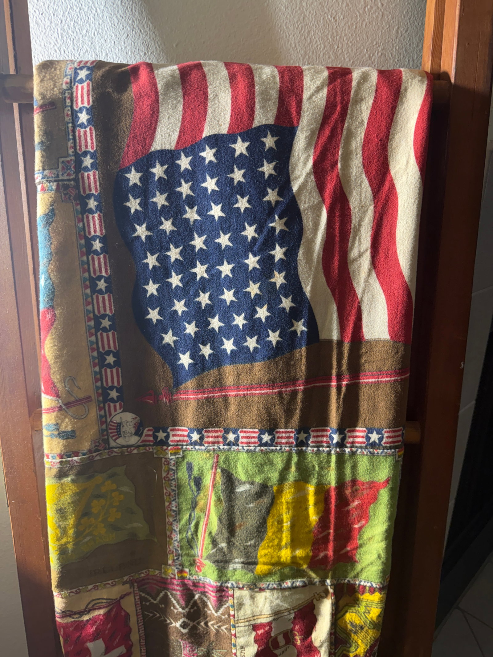 Antique Tobacco Flannel Quilt Top – 1914 B18 Ty Cobb, Gowdy & Keating Baseball + 5 Colleges: Antique Tobacco-Blanket Quilt Top with 1914 B18 Ty Cobb, Gowdy & Keating Baseball Blankets and Five Major Colleges A substantial antique tobacco-blanket quilt topper, apparently unique in its