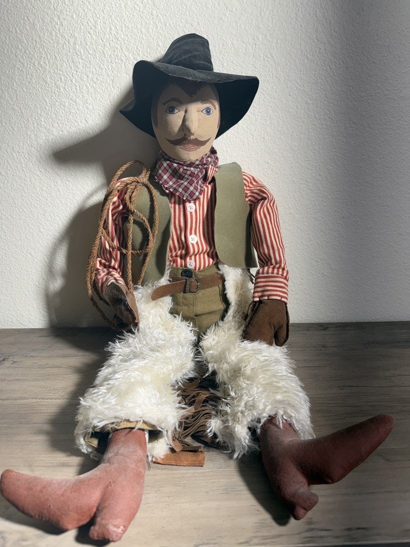 Vintage Midwest of Cannon Falls Long-Legged Cowboy Decorative Cloth Doll with Lariat: Midwest of Cannon Falls Long-Legged Cowboy Decorative Cloth Doll with Lariat A well-made, oversized Western cowboy character doll by Midwest of Cannon Falls. Designed with whimsical proportions, the f