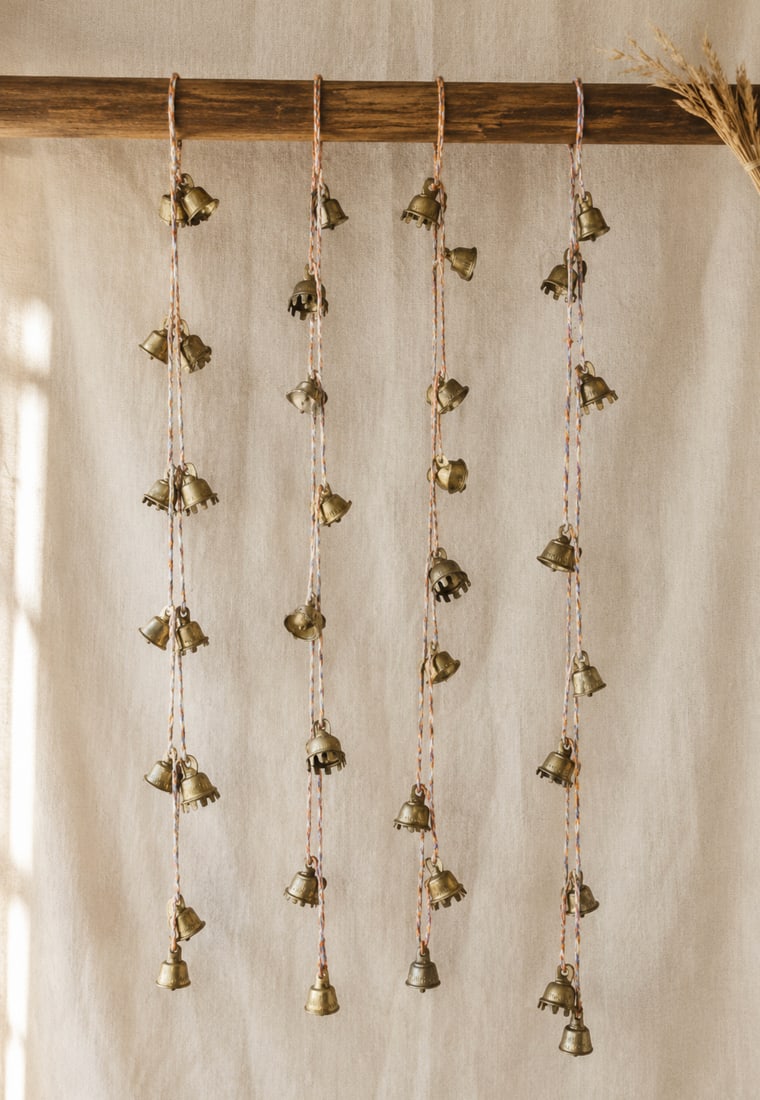 4 Vintage Indian Brass Bell Garlands with Multicolored Braided Cords: A gathering of four vintage bell strands, suspended from beautifully faded multicolored cords and displaying the warm, naturally aged surfaces of a long-kept collection. Each strand is assembled with 
