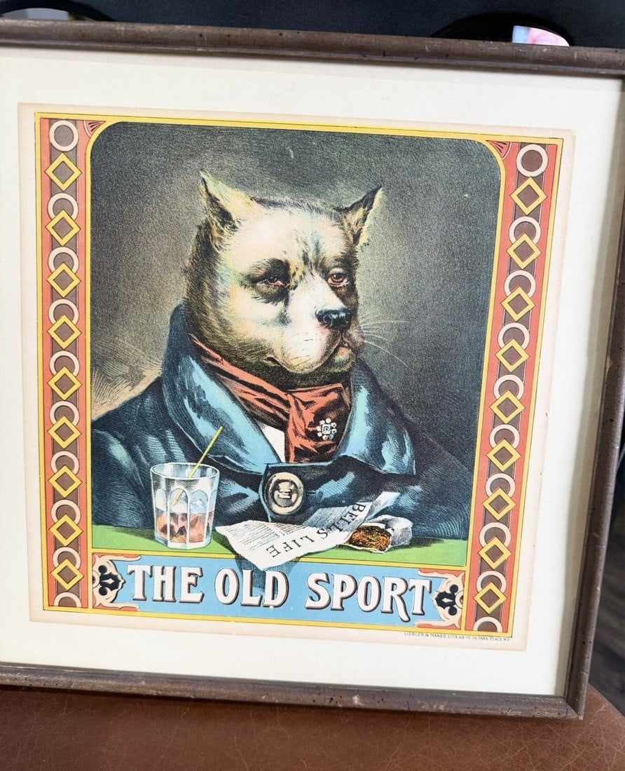 'The Old Sport' Bulldog Advertising Print: Antique “The Old Sport” color lithograph tobacco caddy label, printed by Liebler & Maass Lithographers of New York, circa 1890s to early 1900s. A wonderfully characterful piece of early
