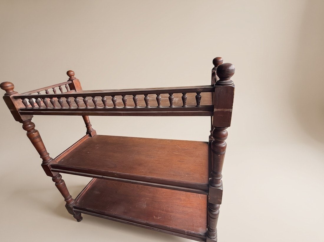 Solid Wood Bar Cart / Shelf Unit: Small wood shelving unit that can double as a bar cart. This is a compact wood shelf unit with turned rails, sized and shaped in a way that suits use as a small bar cart or display shelving. The wood 