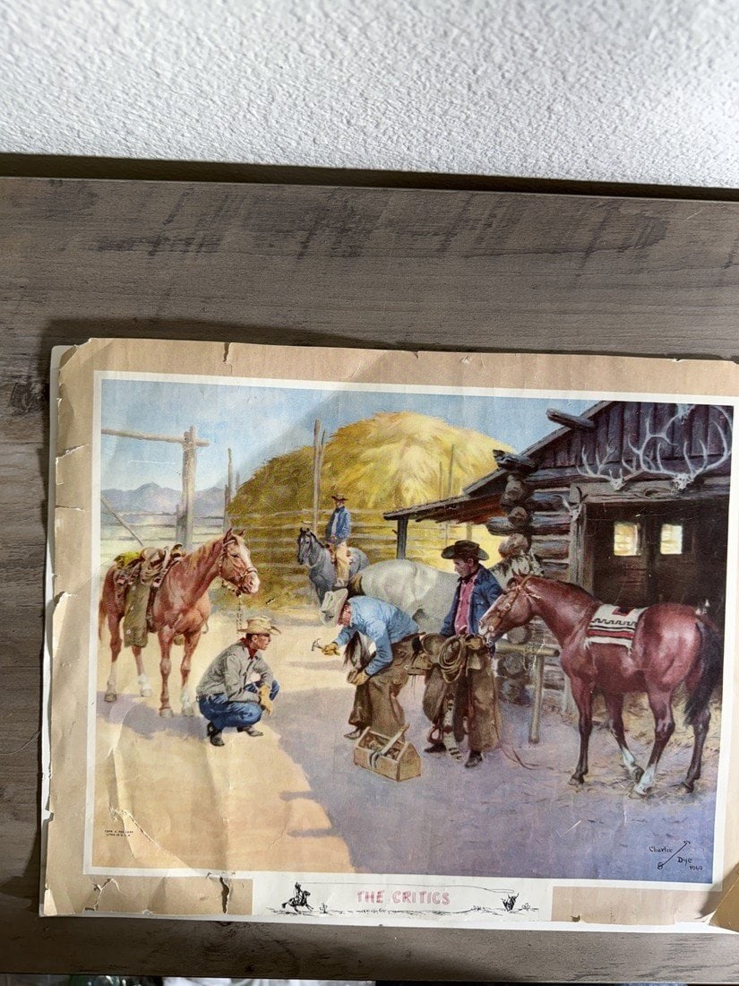Charlie Dye 'The Critics' 1960 Western Lithograph: Signed in the Plate, 1960, 14 x 11-1/2 in. Sheet, Unframed A 1960 color lithograph after the Western painter Charlie Dye, titled The Critics, printed in the United States. The image shows four cowboys