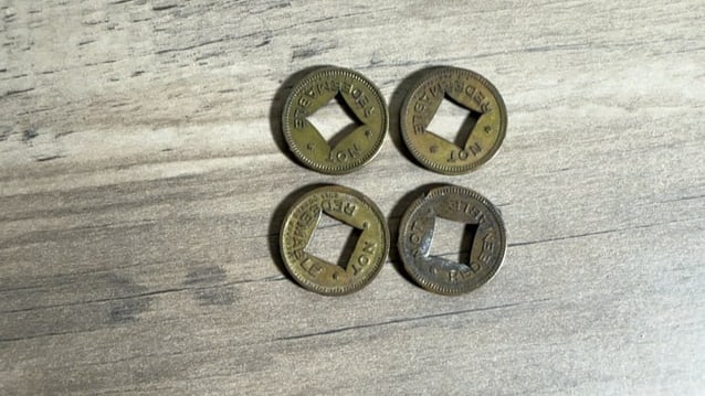 'Not Redeemable' Brass Trade Tokens, 4 Pcs (1 of 2)