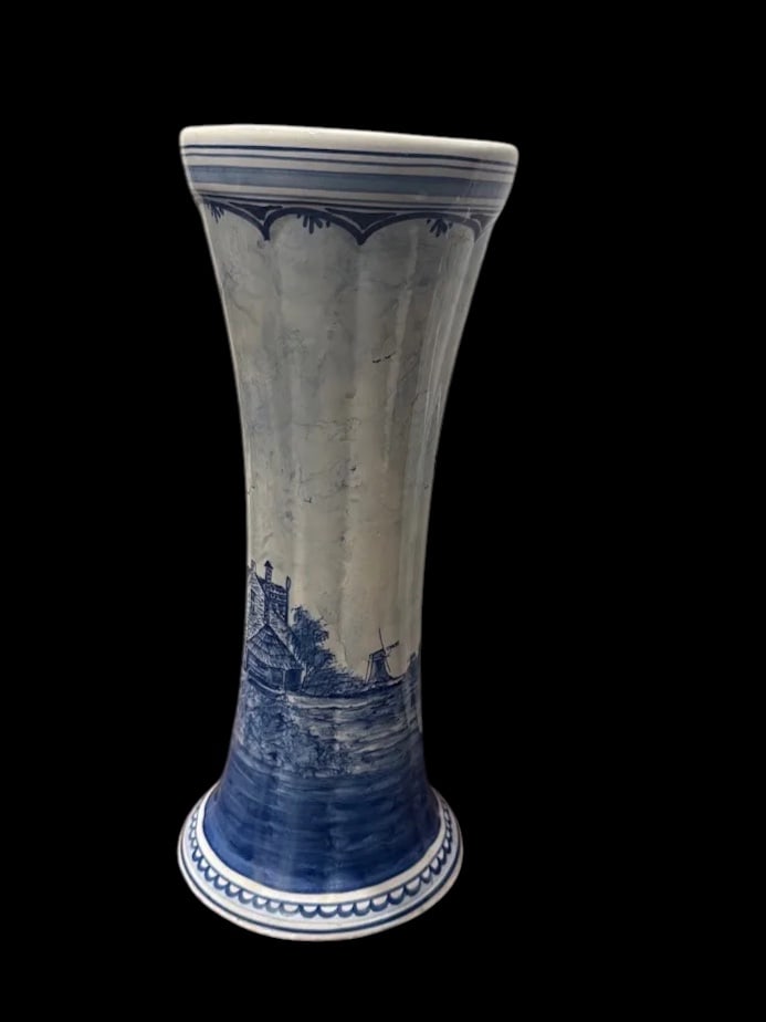 Vintage Delft Holland Blue & White Windmill Trumpet Vase, Signed, Repaired: A lovely vintage Delft Holland blue-and-white trumpet vase, decorated with a traditional Dutch windmill landscape. This tall, gracefully flared ceramic vase features a pastoral scene rendered in cobal