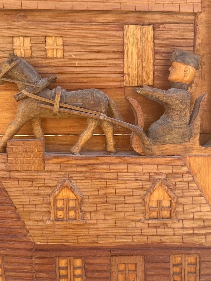 Vintage Signed Folk Art Carved Wood Relief “Médecin de Campagne” Village Scene