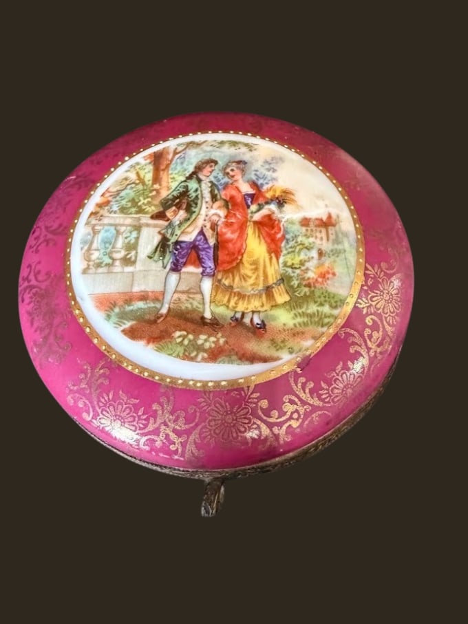 IRICE German Opaline Glass Vanity Jar / Trinket Box – Pink Gilt Figural Romantic Scene: IRICE German Opaline Glass Vanity Jar / Trinket Box – Pink Gilt Figural Romantic Scene An elegant IRICE German glass vanity jar, beautifully decorated in a rich pink or cranberry
