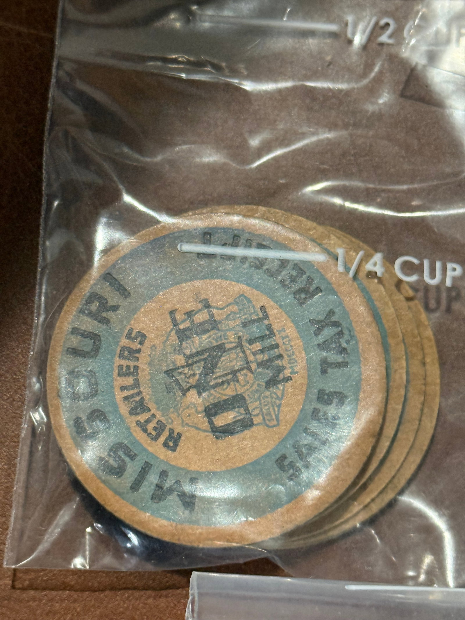 1935–1937 Missouri One Mill Sales Tax Receipt Tokens — Blue, Orange & Printed Backs (1 of 3)