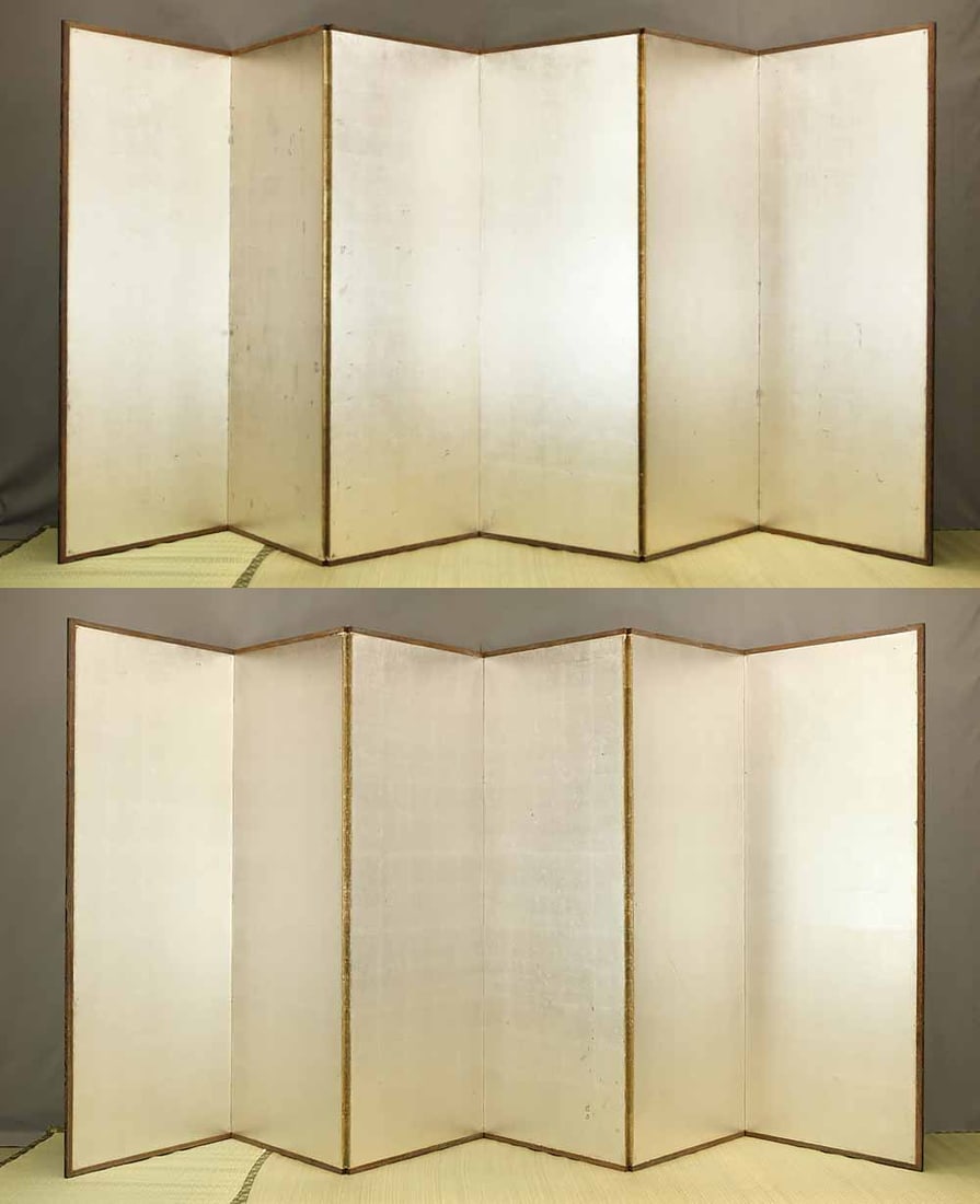 Genuine Silver Leaf Foil Stamping Paired Six Panels Folding Screens Byobu Room Dividers - 2