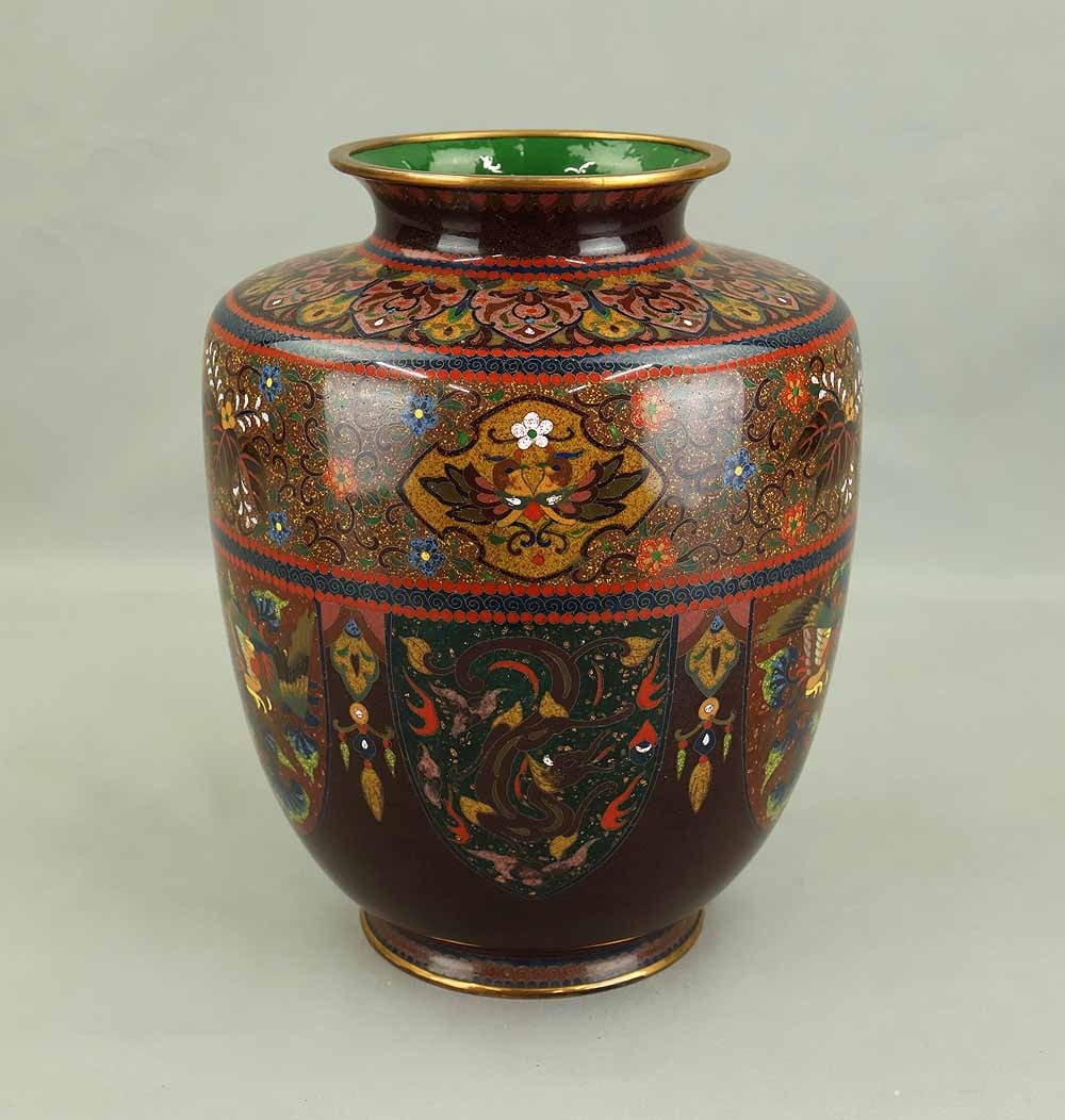 Ando Cloisonne Flower Vase 'Flowers and Birds' with Double Box: The back of the box is marked “February 1938.”Ando Cloisonne was founded in 1880 and is a cloisonne ware company.An impressive example of Ando Cloisonné, one of Japan’s most celebrated make