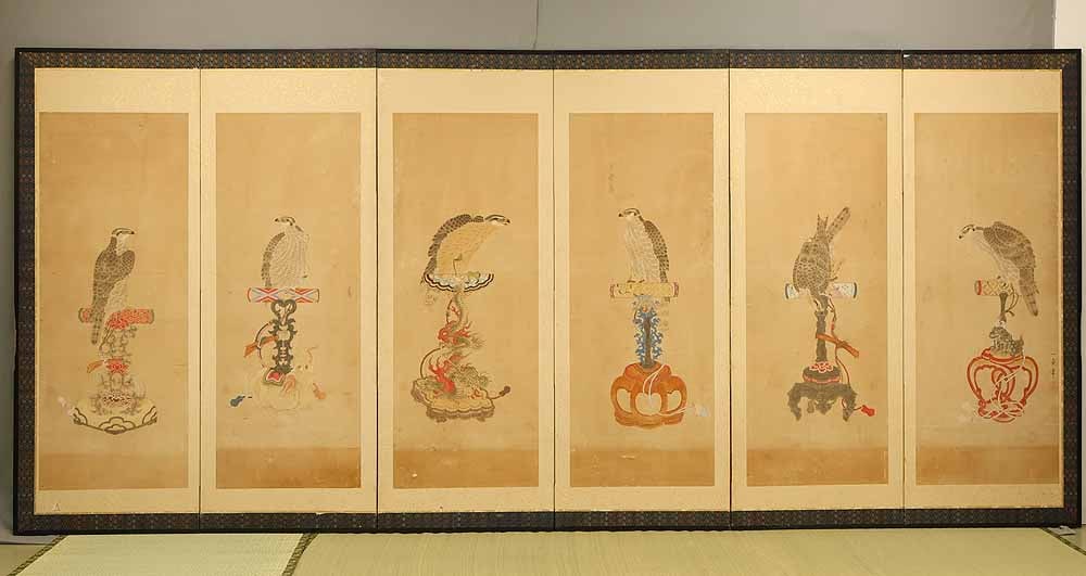 Ittei 'Six Hawks Perched on Gorgeous Perch' Six Panels Folding Screens Byobu Room Dividers - 2