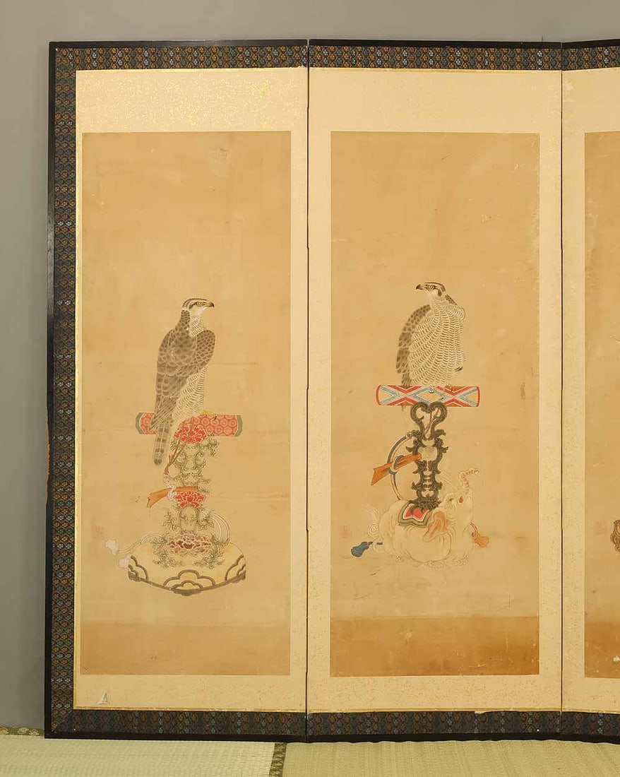 Ittei 'Six Hawks Perched on Gorgeous Perch' Six Panels Folding Screens Byobu Room Dividers - 3