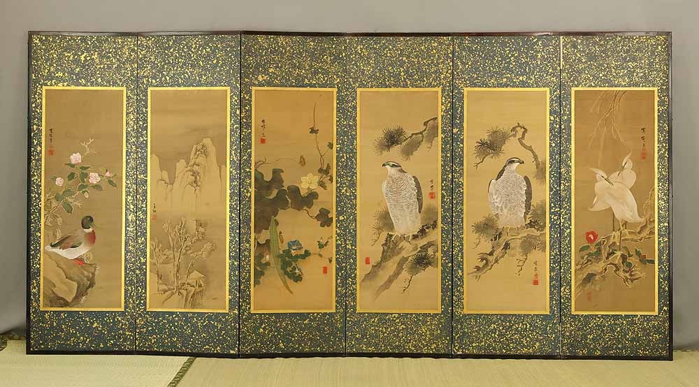 Seppo and Nanko 'Heron Camellia Hawk Cicadas' Six Panels Folding Screens Byobu Room Dividers - 2