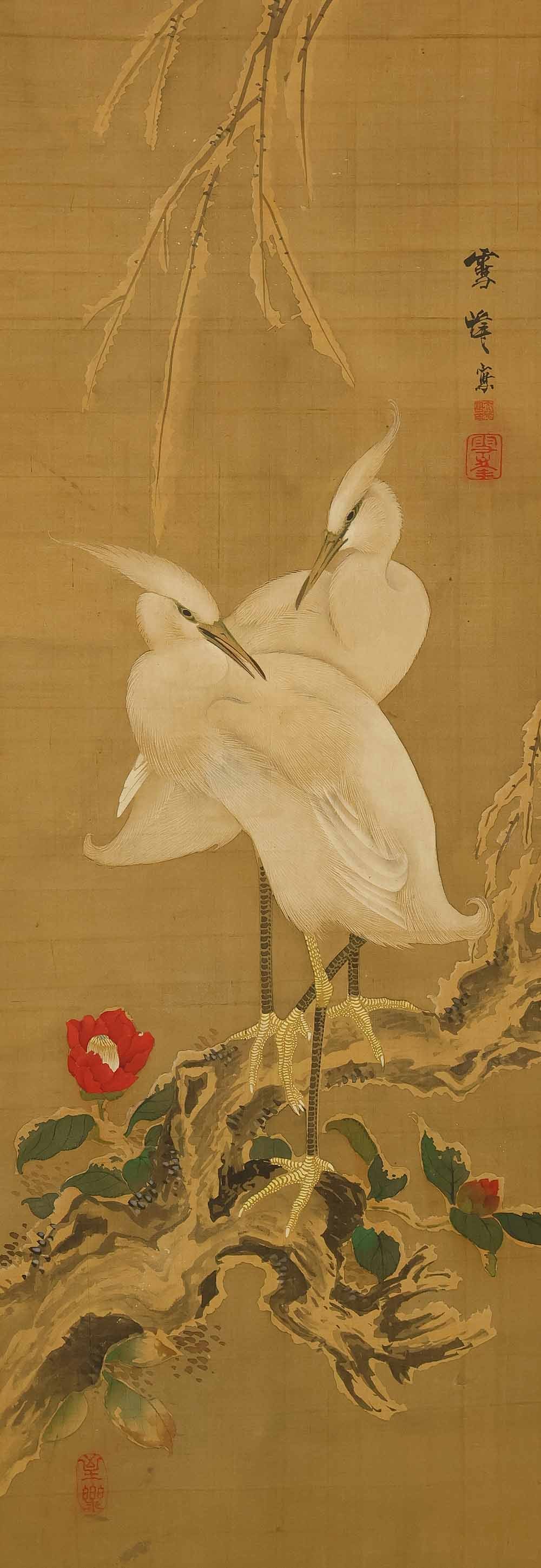 Seppo and Nanko 'Heron Camellia Hawk Cicadas' Six Panels Folding Screens Byobu Room Dividers - 3