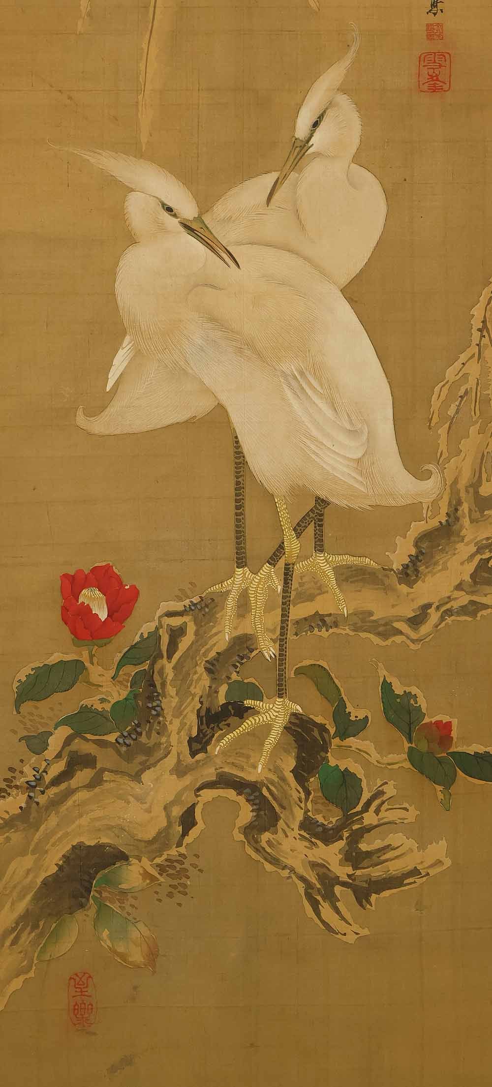 Seppo and Nanko 'Heron Camellia Hawk Cicadas' Six Panels Folding Screens Byobu Room Dividers - 5