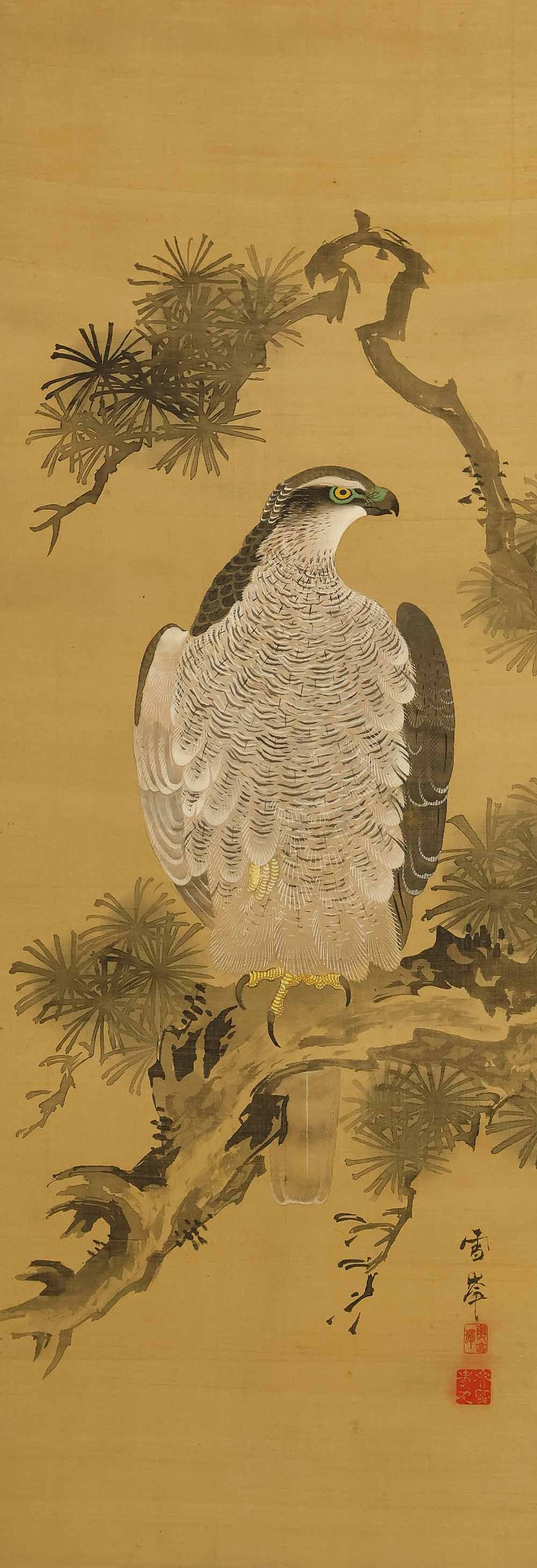 Seppo and Nanko 'Heron Camellia Hawk Cicadas' Six Panels Folding Screens Byobu Room Dividers - 7