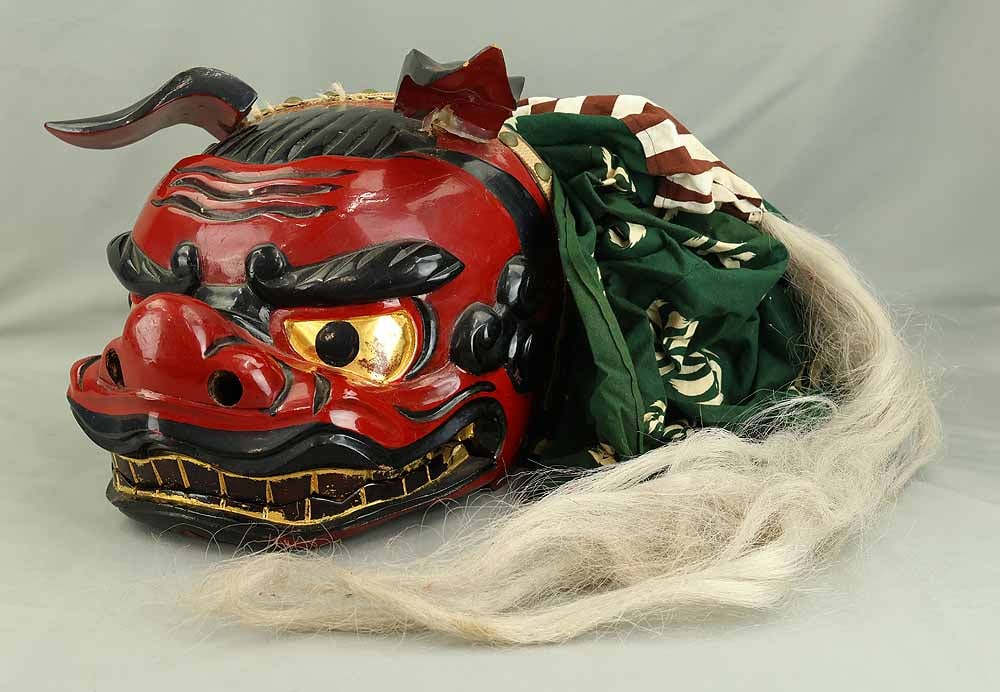 Shishigashira Female - Japanese Wood Carving Shishimai Head Mask Kagura Lion Head Foo dog (1 of 20)