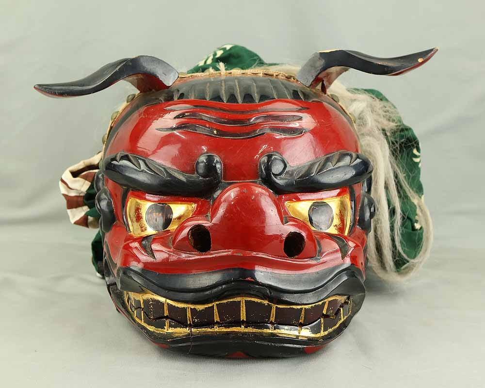 Shishigashira Female - Japanese Wood Carving Shishimai Head Mask Kagura Lion Head Foo dog - 2