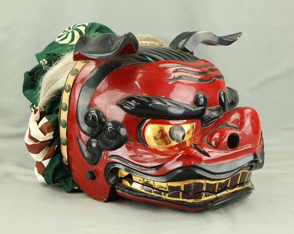 Shishigashira Female - Japanese Wood Carving Shishimai Head Mask Kagura Lion Head Foo dog - 3