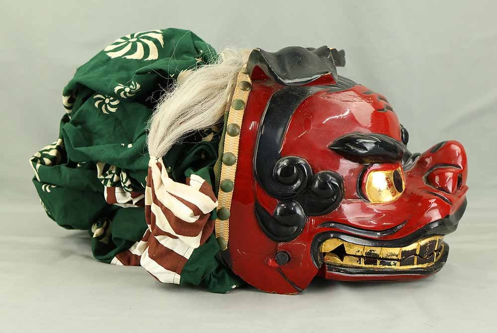 Shishigashira Female - Japanese Wood Carving Shishimai Head Mask Kagura Lion Head Foo dog - 4