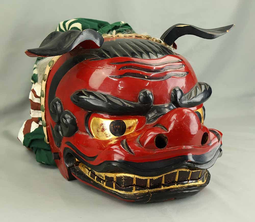 Shishigashira Female - Japanese Wood Carving Shishimai Head Mask Kagura Lion Head Foo dog - 9