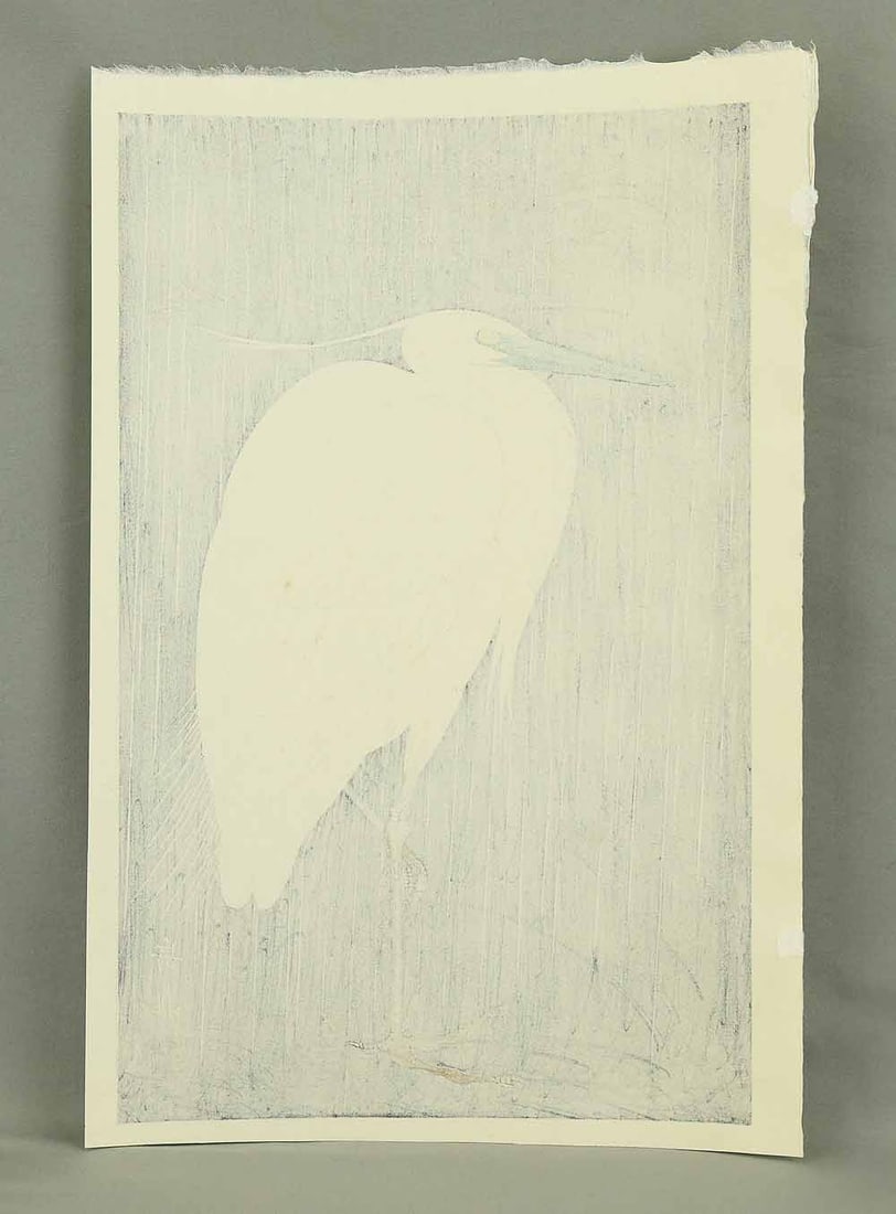 Ide Gakusui (1899-1978) Original Woodblock Print - 'Uchu Hakuro' (White Heron in Rain) - 14