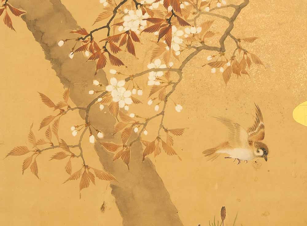 Uryu Gold Leaf 'Flowers and Bird' Six Panels Folding Screens Byobu Room Dividers - 10